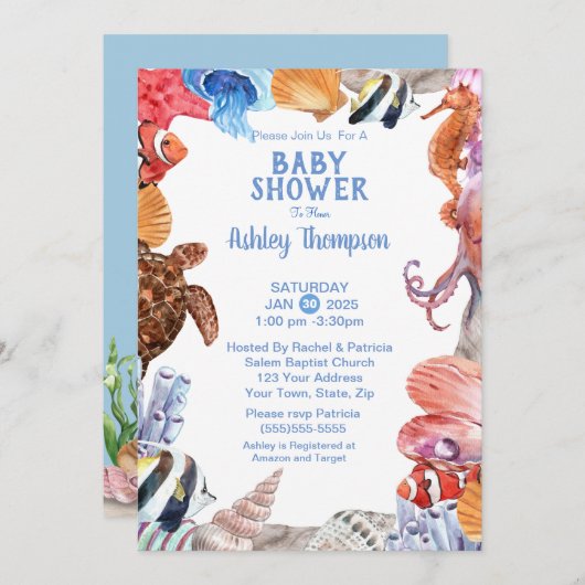 Onder het Zee Life Blue Baby shower Kaart (Voorkant / Achterkant)
