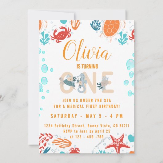 Onder het Zee Little Girl One Birthday Invitations Kaart (Voorkant)