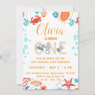 Onder het Zee Little Girl One Birthday Invitations Kaart