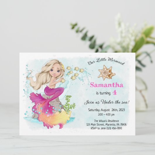 Onder het Zee Little Mermaid Birthday Party Invita Kaart (Staand voorkant)