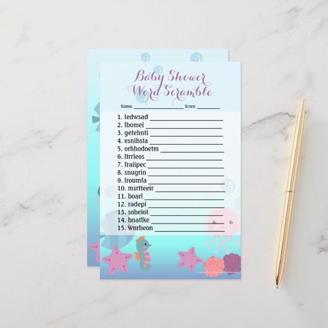 Onder het Zee Meisje Baby shower Woord Scramble Ga (Voorkant / Achterkant in situ)