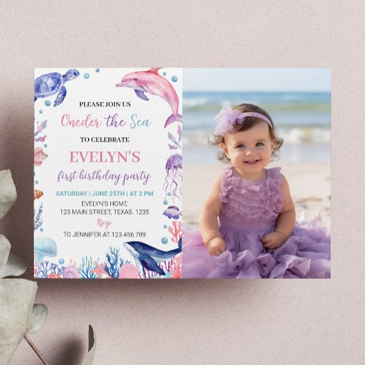 Onder het Zee Meisje Eerste Verjaardag Foto Uitnod Kaart