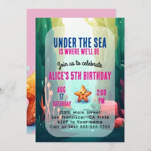 Onder het Zee Meisje Verjaardagsuitnodiging Roze Kaart (Voorkant / Achterkant)