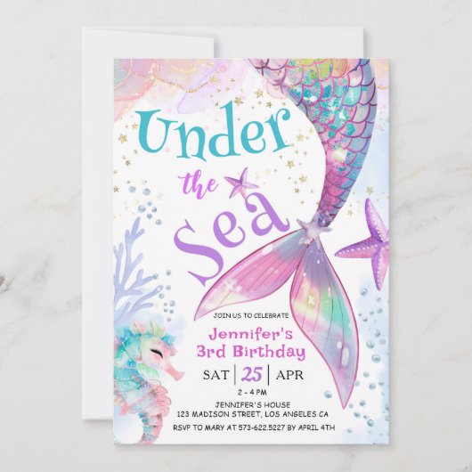 Onder het Zee Mermaid 3rd Birthday Invitation Kaart (Voorkant)