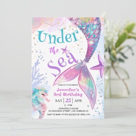 Onder het Zee Mermaid 3rd Birthday Invitation Kaart (Staand voorkant)