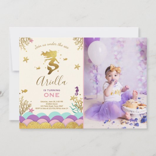 Onder het Zee Mermaid Birthday Invitation Gold Kaart (Voorkant)