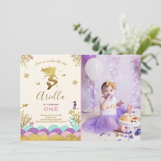 Onder het Zee Mermaid Birthday Invitation Gold Kaart (Staand voorkant)