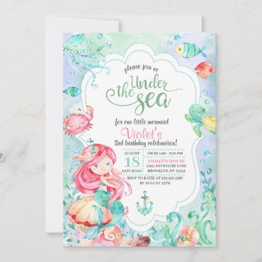 Onder het Zee Mermaid Birthday Invitation Kaart (Voorkant)