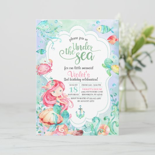 Onder het Zee Mermaid Birthday Invitation Kaart (Staand voorkant)