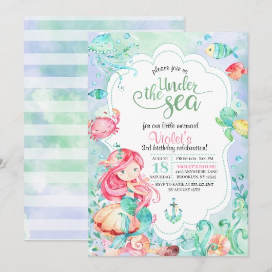 Onder het Zee Mermaid Birthday Invitation Kaart (Voorkant / Achterkant)