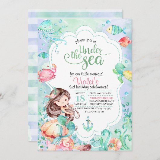 Onder het Zee Mermaid Birthday Invitation Kaart (Voorkant / Achterkant)