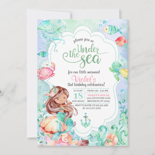 Onder het Zee Mermaid Birthday Invitation Kaart (Voorkant)