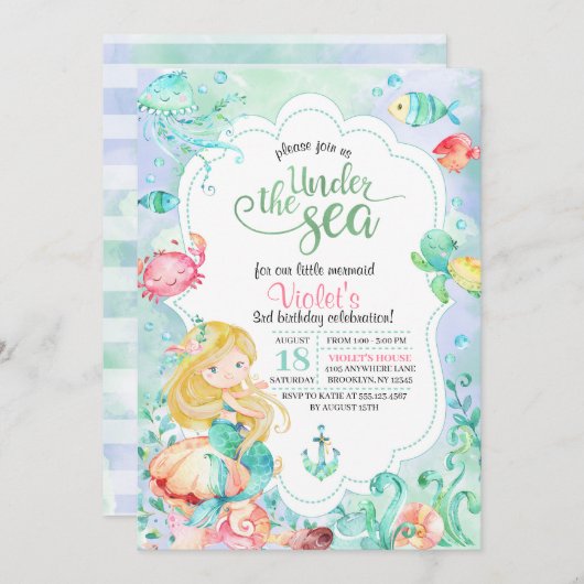 Onder het Zee Mermaid Birthday Invitation Kaart (Voorkant / Achterkant)