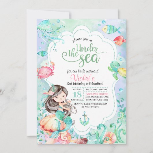 Onder het Zee Mermaid Birthday Invitation Kaart (Voorkant)