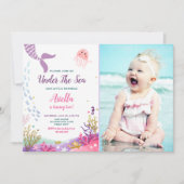 Onder het Zee Mermaid Birthday Invitation Paars Kaart (Voorkant)