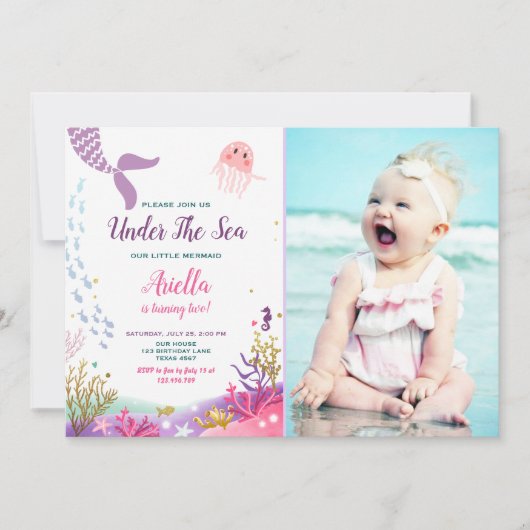 Onder het Zee Mermaid Birthday Invitation Paars Kaart (Voorkant)