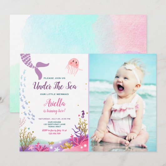Onder het Zee Mermaid Birthday Invitation Paars Kaart (Voorkant / Achterkant)