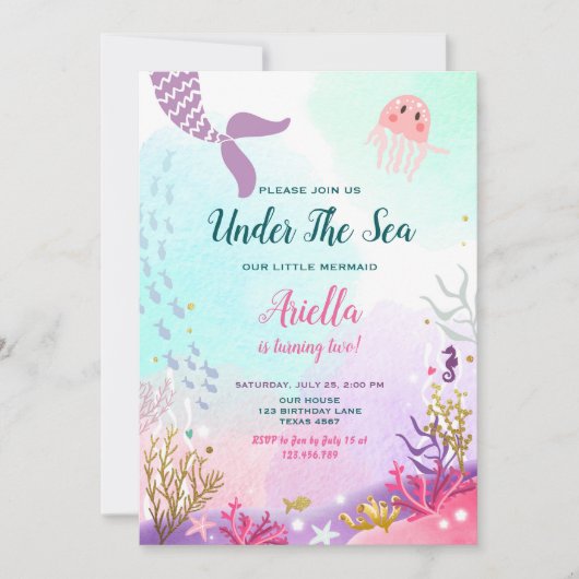 Onder het Zee Mermaid Birthday Invitation Paars Kaart (Voorkant)