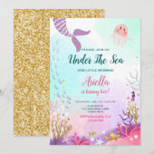 Onder het Zee Mermaid Birthday Invitation Paars Kaart (Voorkant / Achterkant)