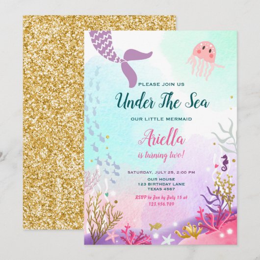 Onder het Zee Mermaid Birthday Invitation Paars Kaart (Voorkant / Achterkant)