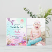 Onder het Zee Mermaid Birthday Invitation Paars Kaart (Staand voorkant)