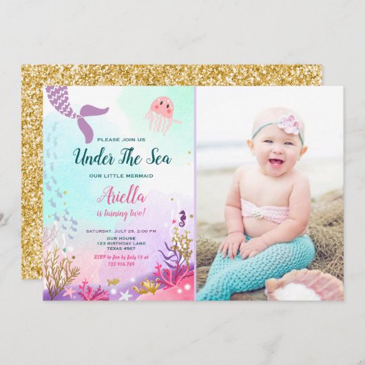 Onder het Zee Mermaid Birthday Invitation Paars Kaart (Voorkant / Achterkant)