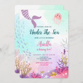 Onder het Zee Mermaid Birthday Invitation Paarse Kaart (Voorkant / Achterkant)