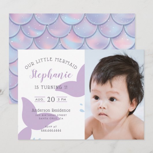 Onder het Zee Mermaid Birthday Party Invitation Kaart (Voorkant / Achterkant)