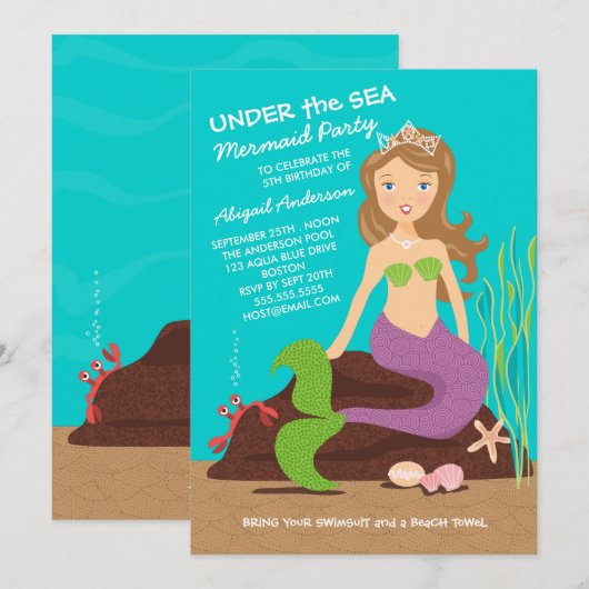Onder het Zee Mermaid Birthday Party Invitation Kaart (Voorkant / Achterkant)
