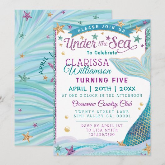 Onder het Zee Mermaid Birthday Party Invitation Kaart (Voorkant / Achterkant)