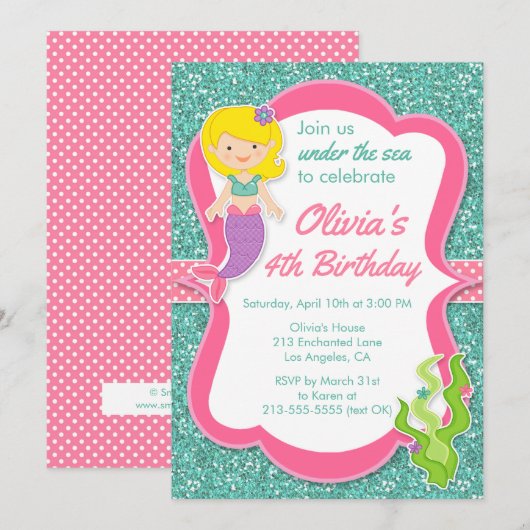 Onder het Zee Mermaid Birthday Party Invitation Kaart (Voorkant / Achterkant)