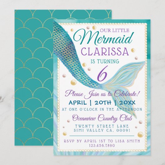 Onder het Zee Mermaid Birthday Party Invitation Kaart (Voorkant / Achterkant)