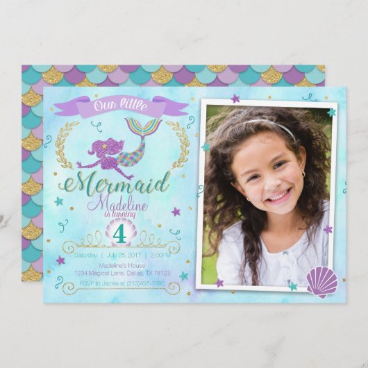Onder het Zee Mermaid Birthday Party Invitation Kaart (Voorkant / Achterkant)
