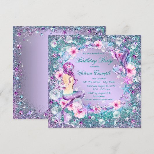 Onder het Zee Mermaid Birthday Party Kaart (Voorkant / Achterkant)