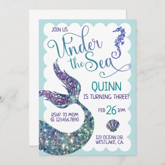 Onder het Zee, Mermaid Birthday, Splish Splash Kaart (Voorkant / Achterkant)