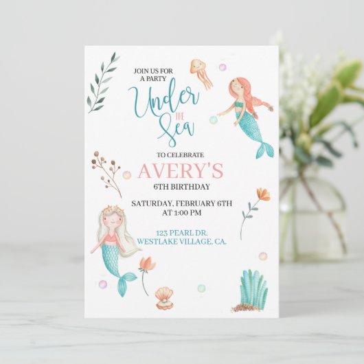 ONDER HET ZEE, MERMAID BIRTHDAY,WATERVERF MERMAID KAART (Staand voorkant)