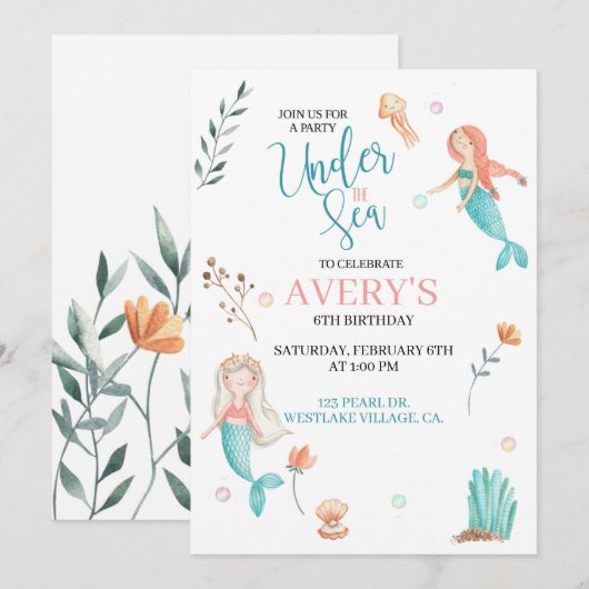 ONDER HET ZEE, MERMAID BIRTHDAY,WATERVERF MERMAID KAART (Voorkant / Achterkant)