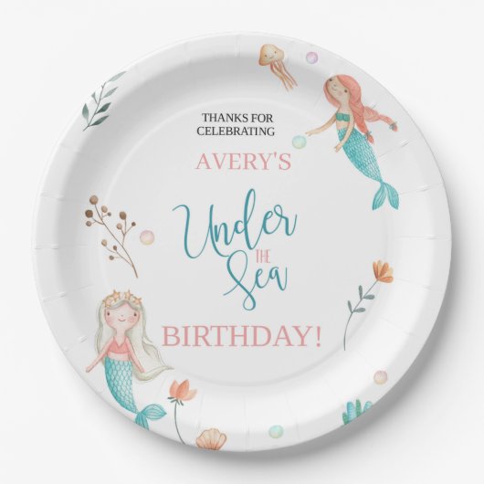 ONDER HET ZEE, MERMAID BIRTHDAY,WATERVERF MERMAID PAPIEREN BORDJE (Voorkant)