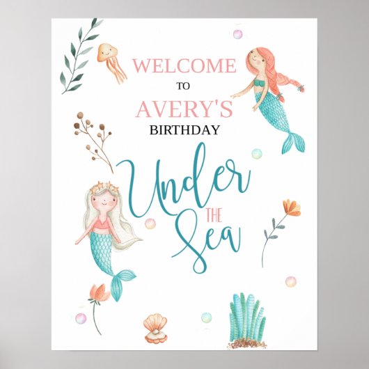ONDER HET ZEE, MERMAID BIRTHDAY,WATERVERF MERMAID POSTER (Voorkant)