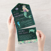 Onder het Zee Mermaid Emerald Green Baby shower All In One Uitnodiging (Afscheurbaar)