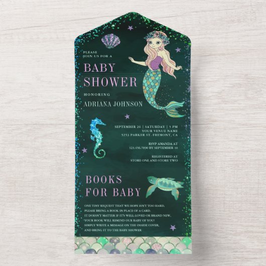 Onder het Zee Mermaid Emerald Green Baby shower All In One Uitnodiging (Binnen)