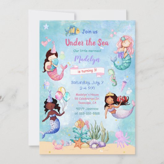 Onder het Zee "Mermaid Kids Birthday Invitation" Kaart (Voorkant)
