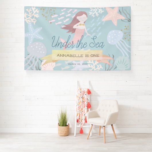 Onder het Zee Mermaid Light Zee Green Birthday Spandoek (Insitu)