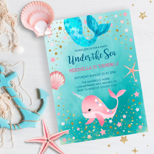 Onder het Zee Mermaid Narwhal Birthday Kaart
