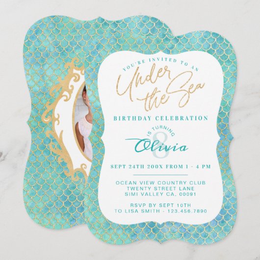 Onder het Zee Mermaid Photo Birthday Invitation Kaart (Voorkant / Achterkant)