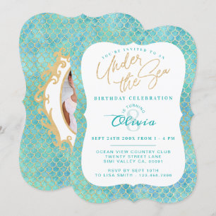 Onder het Zee Mermaid Photo Birthday Invitation Kaart