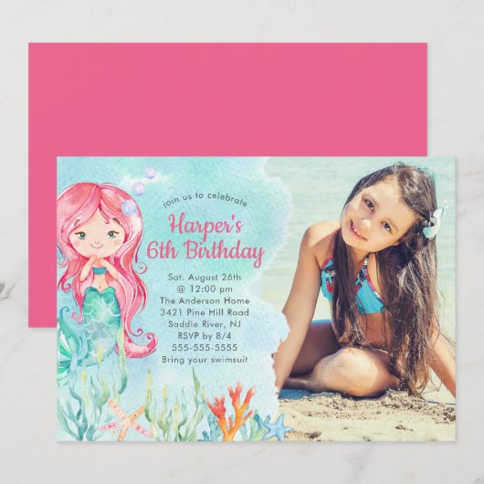 Onder het Zee Mermaid Photo Birthday Invitation Kaart (Voorkant / Achterkant)