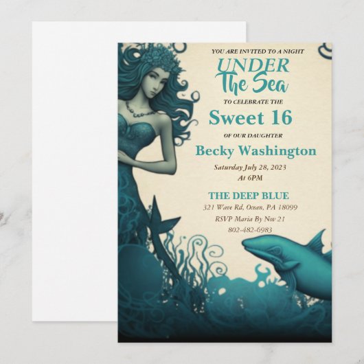Onder het Zee Mermaid Sweet 16 Uitnodiging (Voorkant / Achterkant)