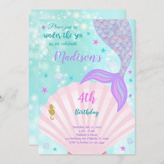 Onder het Zee Mermaid Tail Verjaardagsuitnodiging Kaart (Voorkant / Achterkant)