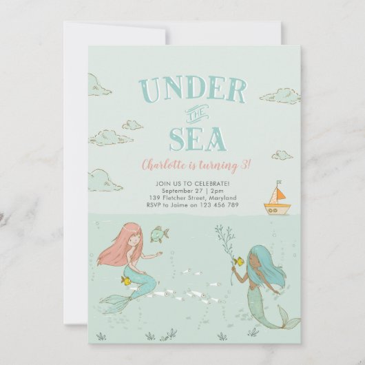 Onder het Zee Mermaid verjaardagsfeestje Uitnodigi Kaart (Voorkant)